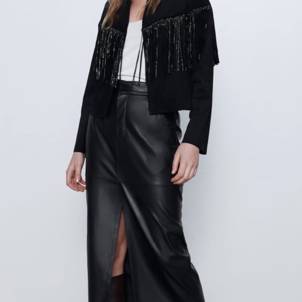 Zara Black Fringe Suede Jacket with Rhinestone Detail - Picture 2 of 6